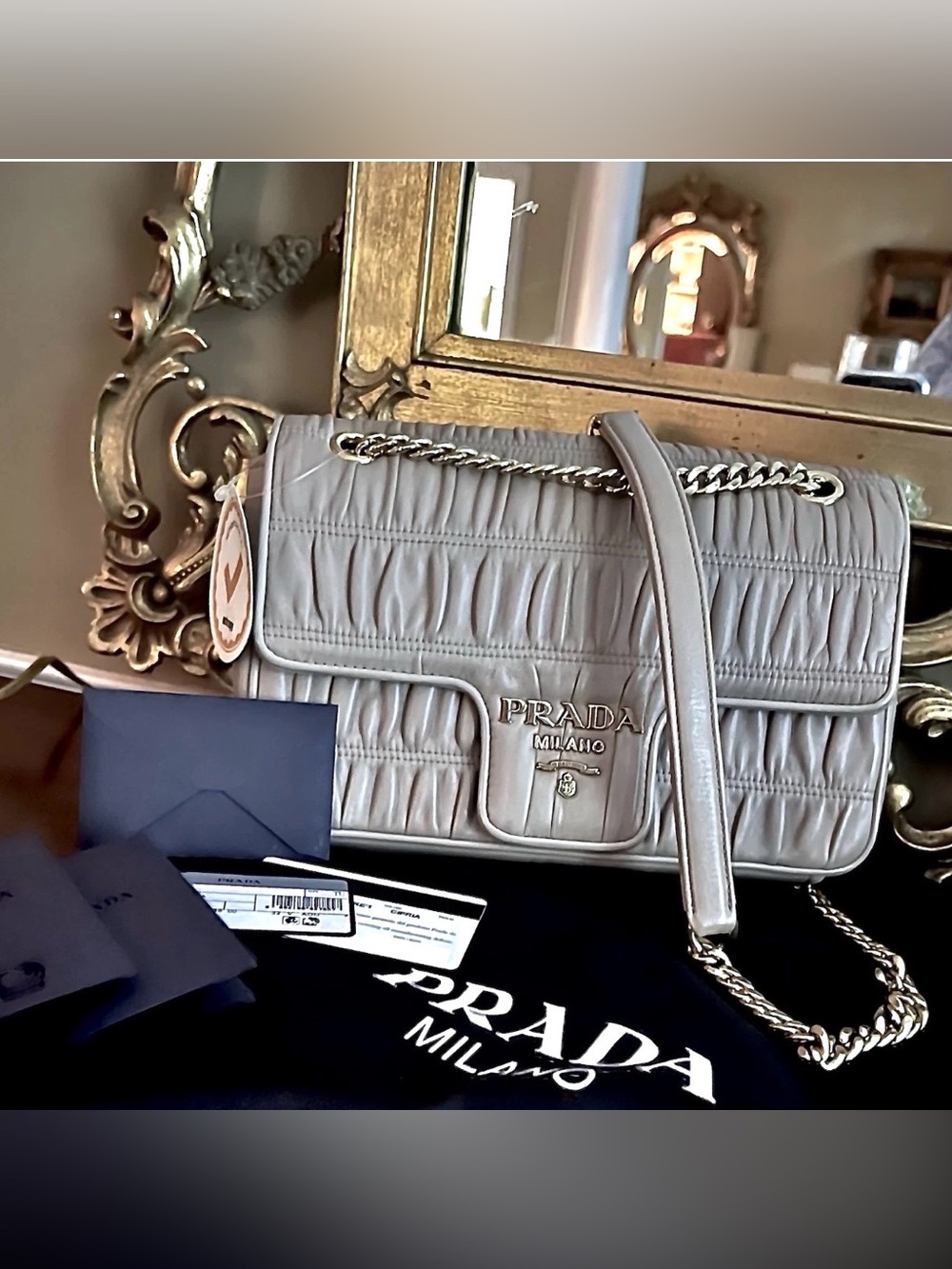 PRADA Milano Gaufre “Cipria” Crossbody/Gold Chain Strap Magnetic /DB/All cards